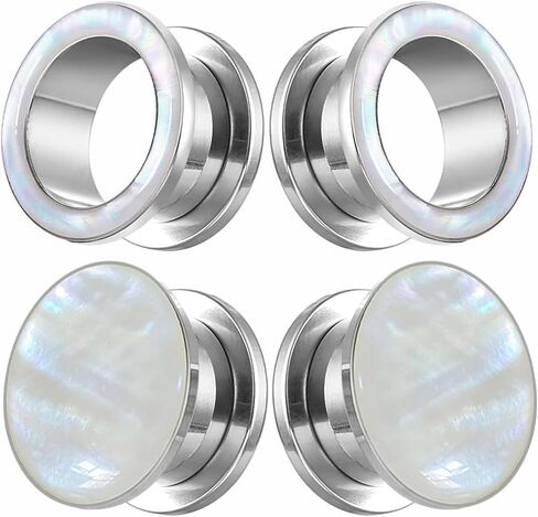 2 Pairs White Pearl Shell Stainless Steel Ear Gauges Plugs and Tunnels, Size 2g - 1 inch Hypoallergenic Surgical Steel Ear Stretcher Expander Body Jewelry in Saudi Arabia