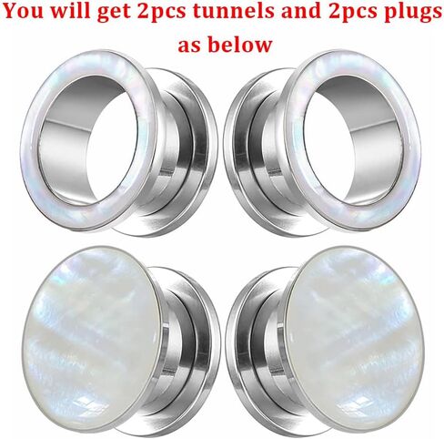 2 Pairs White Pearl Shell Stainless Steel Ear Gauges Plugs and Tunnels, Size 2g - 1 inch Hypoallergenic Surgical Steel Ear Stretcher Expander Body Jewelry in Saudi Arabia