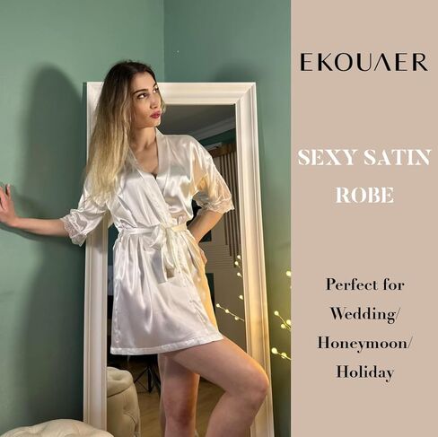 Ekouaer رداء نسائي من الساتان مثير من الدانتيل ملابس نوم حريرية لوصيفة العروس ملابس نوم كيمونو 3/4 كم ملابس نوم in Kuwait