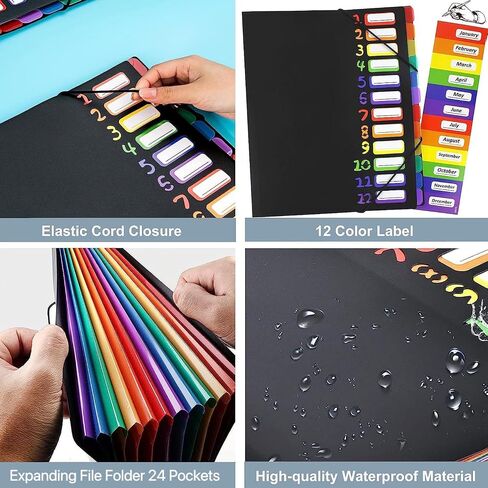 Rainbow Tab Expanding File Folder - 24 Pockets, Durable A4 Letter Size Organizer, Water-Resistant Plastic Dividers, Home/Office/School Document Holder (Black) in Kuwait