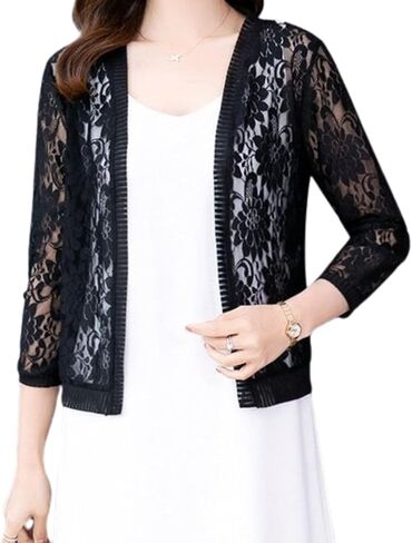3/4 Sleeve Lace Cardigan for Women Open Front Floral Crochet Bolero Shrug Summer Beach Cover Ups Lace Top in Saudi Arabia