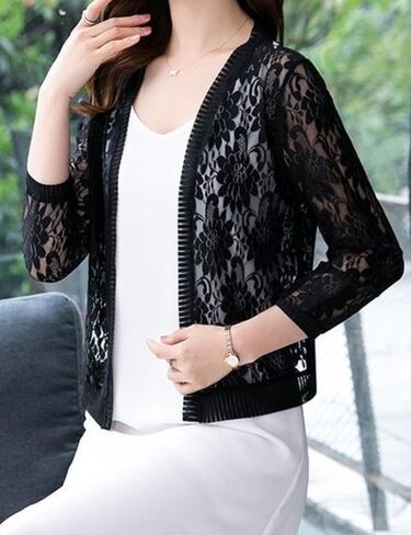3/4 Sleeve Lace Cardigan for Women Open Front Floral Crochet Bolero Shrug Summer Beach Cover Ups Lace Top in Saudi Arabia