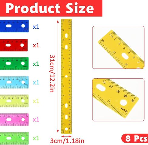 8 Pack Plastic Ruler 12 Inch 8 Assorted Color Rulers Bulk for Classroom Clear Ruler Transparent Bulk Rulers Straight Edge Ruler Flexible Ruler for Kids School Office Classroom in Saudi Arabia