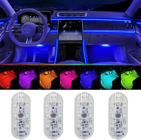 4 قطع مصابيح LED للسيارة داخلية لاسلكية، 7 ألوان من مصابيح السيارة الداخلية مع وضع التحكم في الصوت، 6 خرزات مصابيح LED ساطعة، إضاءة ليلية محمولة قابلة لإعادة الشحن USB للسيارة لتزيين السيارة in Saudi Arabia