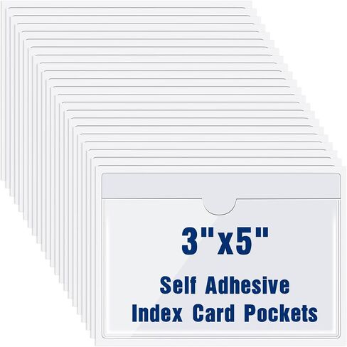 50 Pack Self Adhesive Index Card Pockets with Top Open for Loading, Clear Plastic Labels Holders for Organizing and Protecting Your Index Cards or Photos(1.2 x 3.35 Inches) in Kuwait