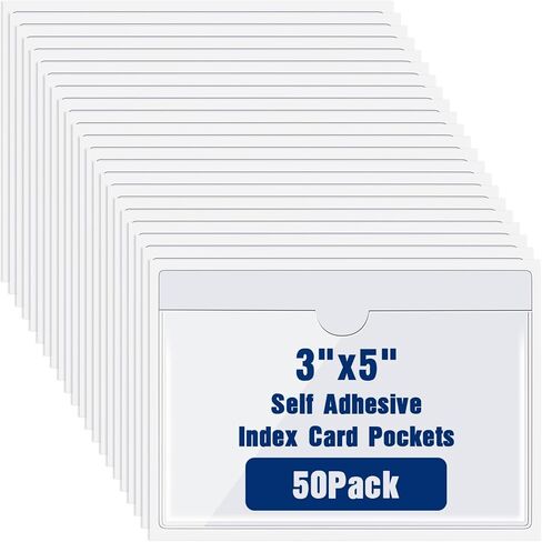 50 Pack Self Adhesive Index Card Pockets with Top Open for Loading, Clear Plastic Labels Holders for Organizing and Protecting Your Index Cards or Photos(1.2 x 3.35 Inches) in Kuwait
