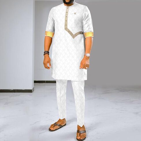 Men Tracksuit African Clothes Dashiki Embroidery Short Sleeve Shirt and Ankara Pants Set Dashiki Outfits in Kuwait
