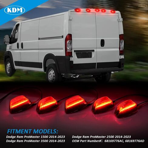 عدسة حمراء LED لسقف الكابينة الخلفية مجموعة مصابيح علامة علوية مناسبة لـ 2014-2023 دودج رام بروماستر 1500 1500 2500 3500 بيك اب شاحنة فان، تحذير خلوص تشغيل مثبت في الخلف، أحمر، عبوة من 5 قطع in Kuwait