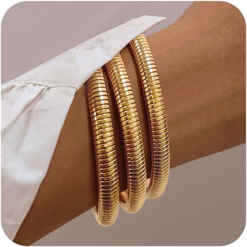 3Pcs Chunky Gold Bangles for Women Stretch Bangles Bracelets 18K Gold Plated Stainless Steel Flexible Snake Chain Wide Wristband Stack Layered Bangle Bracelets 8/10mm in Saudi Arabia