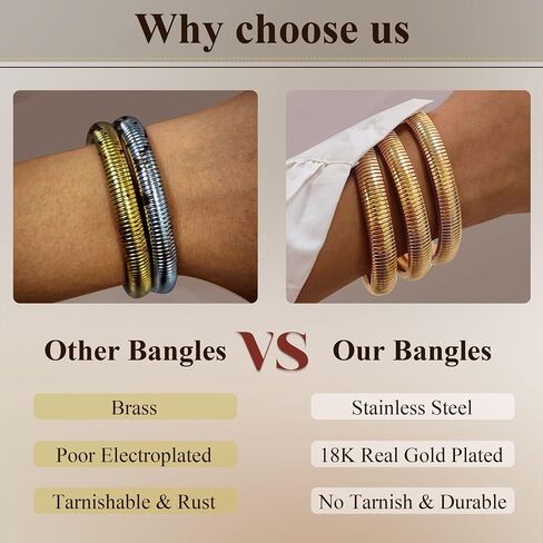 3Pcs Chunky Gold Bangles for Women Stretch Bangles Bracelets 18K Gold Plated Stainless Steel Flexible Snake Chain Wide Wristband Stack Layered Bangle Bracelets 8/10mm in Saudi Arabia