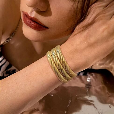 3Pcs Chunky Gold Bangles for Women Stretch Bangles Bracelets 18K Gold Plated Stainless Steel Flexible Snake Chain Wide Wristband Stack Layered Bangle Bracelets 8/10mm in Saudi Arabia
