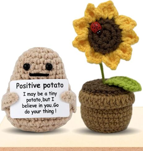 2PCS Positive Potato Sunflower Gifts for Friend - Birthday Graduation Women Wife Mother Sister Emotional Support - Cute Funny Positive Potato Crochet Doll Home Desk Decor in Saudi Arabia