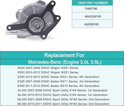 6422300165‎ Brake Vacuum Pump for 2007-2012 Mercedes-Benz (Engine 3.0L 3.5L) W251 W221 W211 X164 W164 R320 R350 S350 E320 E350 GL320 GL350 ML320 ML350 724807390 in Saudi Arabia
