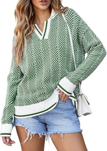 EVALESS Womens Lapel V Neck Color Block Striped Sweaters Drop Shoulder Long Sleeve Pullover Tops in Saudi Arabia