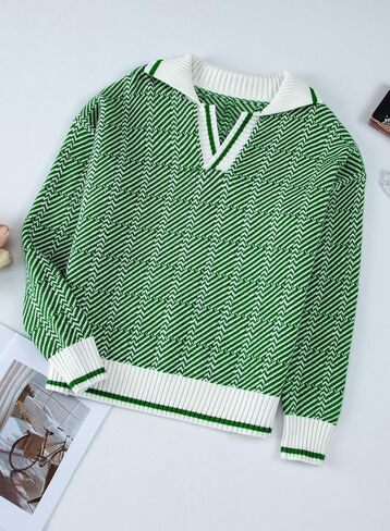 EVALESS Womens Lapel V Neck Color Block Striped Sweaters Drop Shoulder Long Sleeve Pullover Tops in Saudi Arabia