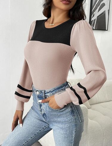 Zeagoo المرأة 2024 سترة طويلة الأكمام نفخة الخريف سليم صالح البلوز القمم Crewneck مضلع متماسكة ارتداءها بذلة S-XXL in Saudi Arabia