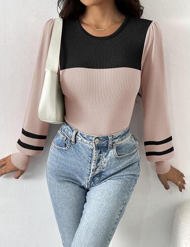Zeagoo المرأة 2024 سترة طويلة الأكمام نفخة الخريف سليم صالح البلوز القمم Crewneck مضلع متماسكة ارتداءها بذلة S-XXL in Saudi Arabia