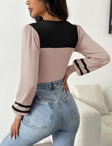 Zeagoo المرأة 2024 سترة طويلة الأكمام نفخة الخريف سليم صالح البلوز القمم Crewneck مضلع متماسكة ارتداءها بذلة S-XXL in Saudi Arabia