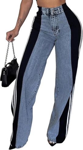 Angsuttc Women’s Jeans with Patchwork Stripes High Waist Loose Denim Color Block Jean Straight Wide Leg Pants in Kuwait