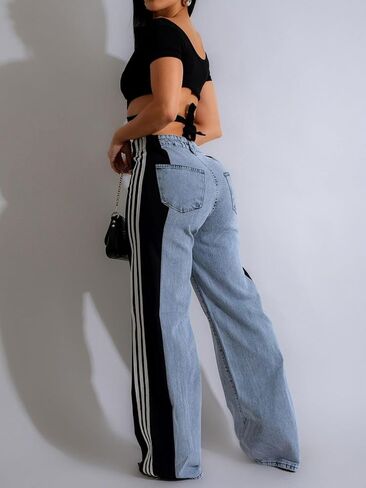 Angsuttc Women’s Jeans with Patchwork Stripes High Waist Loose Denim Color Block Jean Straight Wide Leg Pants in Kuwait