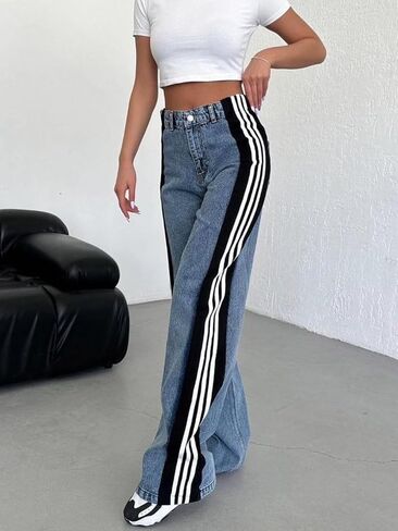 Angsuttc Women’s Jeans with Patchwork Stripes High Waist Loose Denim Color Block Jean Straight Wide Leg Pants in Kuwait