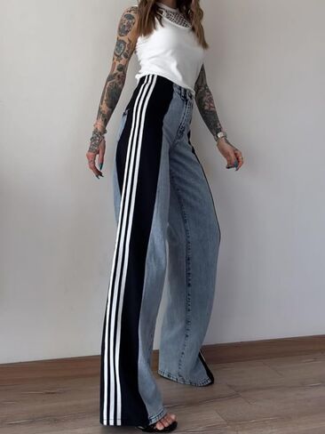 Angsuttc Women’s Jeans with Patchwork Stripes High Waist Loose Denim Color Block Jean Straight Wide Leg Pants in Kuwait