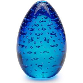 Cá d'Oro Big Egg Glass Paperweight Blue with Bubbles Hand Blown Murano-Style Art Glass for Desk, Decor and Collections