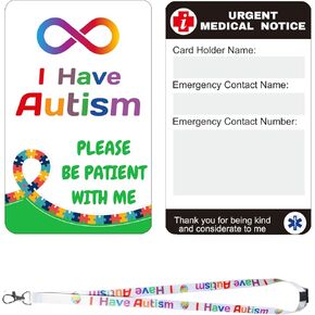 2 pack Autism Alert Card, ADHD Awareness Autistic Emergency Contact Card with Autism Lanyards Waterproof Card Holder Pocket Insert PVC