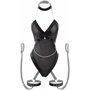 Womens Sexy Mesh Patchwork Leather Bodysuit With Wrist And Leg Ring See-through Deep V Low-cut Jumpsuit Halter Slave Maid Outfit Slave Maid Outfit