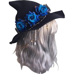 Black Witch Hat Halloween Party Costume Headwear Women Girls Big Bow Rose Headband Wicked Wizard Hat Large Brim Witch Sun Hat