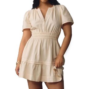 Womens 2024 Summer Tiered Mini Silhouette Dress V-Neck Short Sleeve Apricot Sundress Flowy Swing A-Line Casual Dress