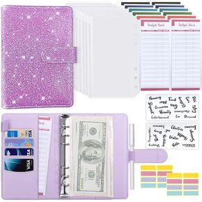 Budget Binder, A6 PU Leather Savings Binder with 8Pcs Zipper Envelopes,12Pcs Expense Budget Sheets & 2 Types of Sticker Labels,Money Organizer Binder for Cash,Glitter Purple in Saudi Arabia