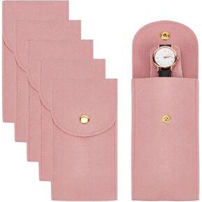 NBEADS 6 Pcs Velvet Watch Pouch, 5.12x2.76inch Portable Watch Travel Case Single Watch Storage Bag with Insert Cardboard and Alloy Snap Fastener for Jewelry Watch Organizer, Flamingo