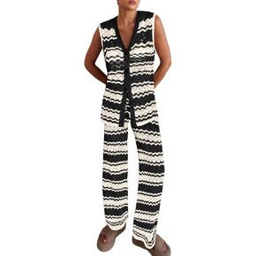 Imily Bela Womens Knit 2 Piece Sets Summer Outfits Sleeveless Vest Tops Wide Leg Pants Striped Loungewear Set