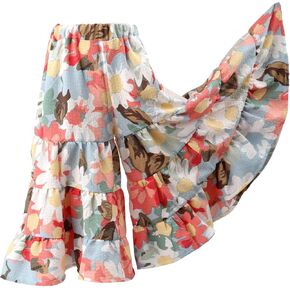 HOOLCHEAN Toddler Little Girls Wide Leg Seersucker Floral Pants Loose Fit Large Hem