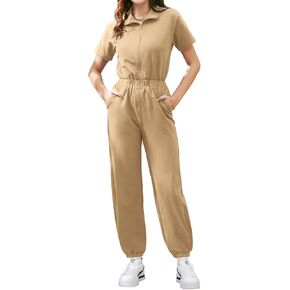 MIHOLL جمبسوت نسائي بأكمام قصيرة وسحاب وخصر مرن بلون واحد قطعة واحدة رومبير رياضي مع جيوب in Kuwait