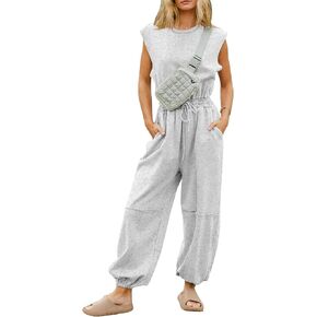 Flygo Womens Casual Jumpsuit Crewneck Cap Sleeve Long Wide Leg Pants One Piece Outfits Drawstring Romper with Pockets