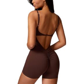 QINSEN Women's One Piece V Back Scrunch Butt Jumpsuits Bodycon Spaghetti Strap Backless Jumpsuit Stretch Workout Romper