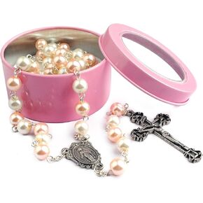 قلادة مسبحة من حبات اللؤلؤ الزجاجي باللونين الوردي والأبيض مقاس 8 مم مع صندوق هدايا معدني وردي in Kuwait