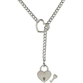 Chunky Heart Locker With Key O-Ring Slip Chain Necklace for Men Women, Punk Rock Cuban Miami Stainless Steel Adjustable Long Lariat Y-Necklace Jewelry Gift