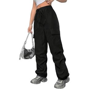 MakeMeChic Women's Casual Baggy Cargo Pants Drawstring Waist Wide Leg Pants with Flap Pockets