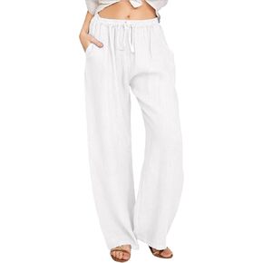 Plus Size Palazzo Cotton Linen Pants Women Wide Leg Pants Loose Fit Casual Comfy Lounge Flowy High Waist Trousers 2024 White