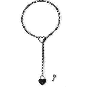 Heart Slip Chain Necklace for Women Stainless Steel Heart O-Ring Adjustable Lariat Y-Necklace Punk Long Cuban Heart Lock Necklace with Key