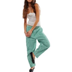Women Gingham Pants Summer Casual Loose Lightweight Cotton Linen Elastic Waist Capri Pants with Pockets