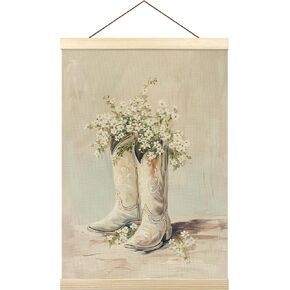 Tzhim White Floral Cowgirl Boots Poster Hanger Frame, Cowgirl Room Decor, Trendy Preppy Wall Hanging Decor for Girly College Dorm Apartment, Coastal Cowgirl Wall Art Prints with Wood Frames, 12x16in