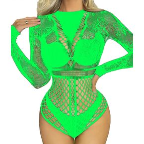 Fishnet Bodysuit Tops for Women Sheer Sexy One Piece Lingerie Long Sleeve Teddy Mesh Rave Bodysuits One Size