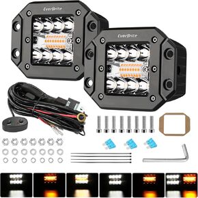 EverBrite 2PCS 48W Led Light Pods Flush Mount, Spot Flood White Amber Strobe 6 Modes with Memory Function, Off Road Fog Driving Light for Truck Car ATV SUV Cabin, 16AWG Wiring Harness Kit- 2 Leads