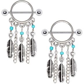 2 Pcs 316L Surgical Steel Turquoise Beads Feather Dangle Nipple Shield 14 Gauge 3/4"
