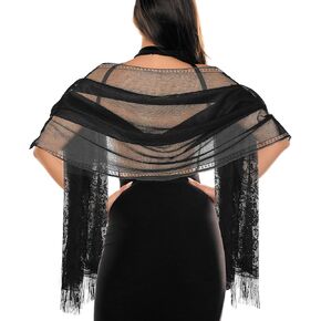 Women Floral Lace Scarf Shawl with Tassels, Formal Wraps Soft Mesh Fringe Wraps for Wedding Party Evening Dress