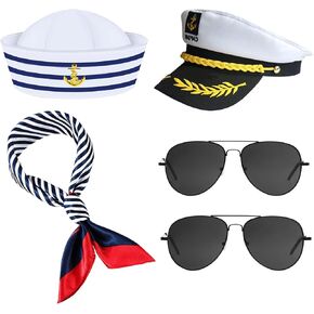 4 قطع من إكسسوارات قبعة كابتن اليخت، مجموعة إكسسوارات قبعة سفينة بحار ووشاح نظارات شمسية وقبعة بحار وقباطنة القوارب والحفلات للرجال والنساء in Kuwait